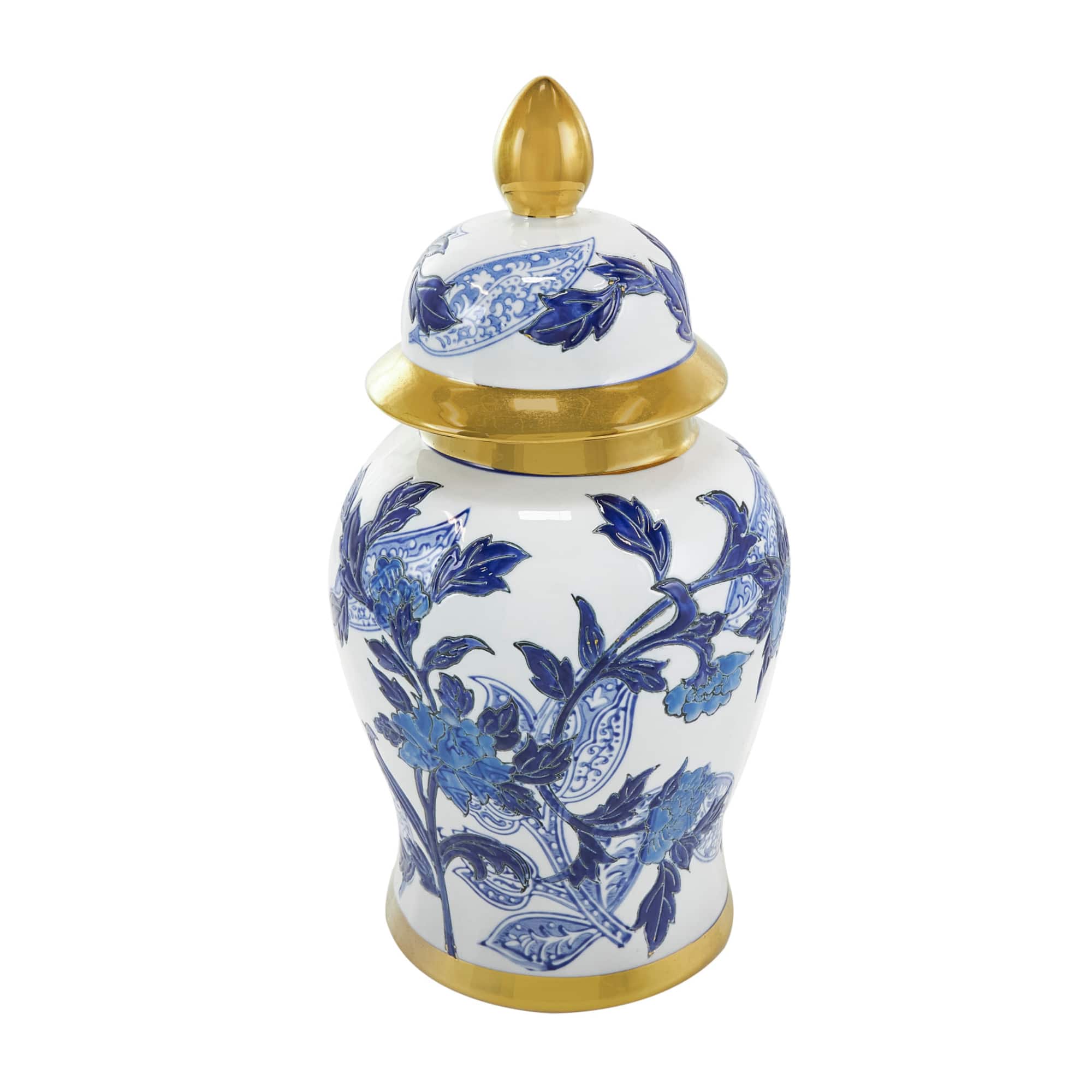 14" Blue Ceramic Floral Decorative Jar